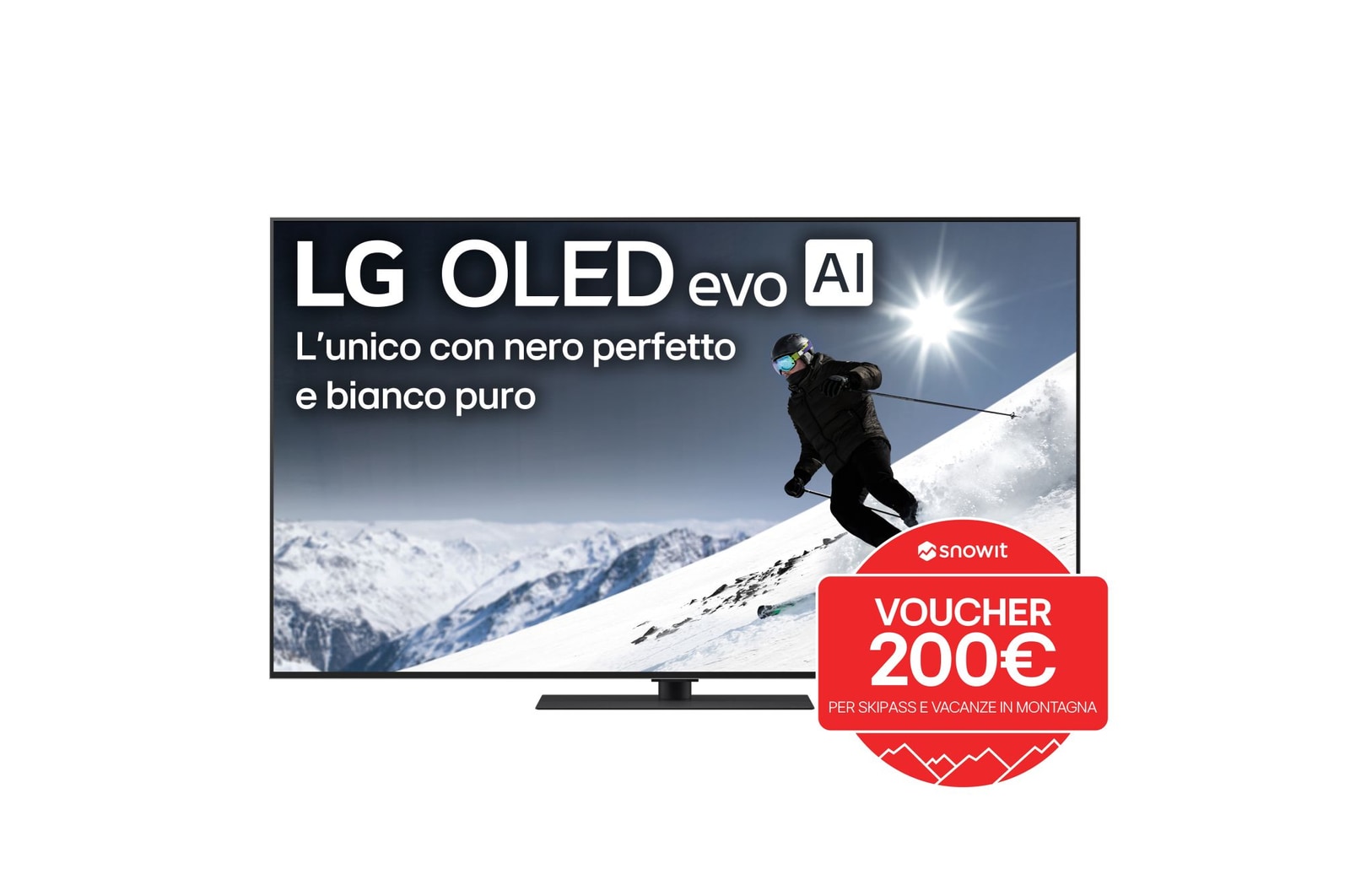 Vista frontale di una TV 65 pollici LG OLED evo AI G5 4K Smart TV 2025 OLED65G56LS con bollo promozione